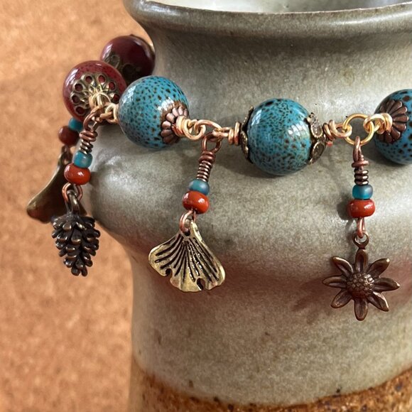 Boho Bracelet, Ceramic Beads, Nature Charms, Handmade Whimsical Jewelry - Picture 6 of 10